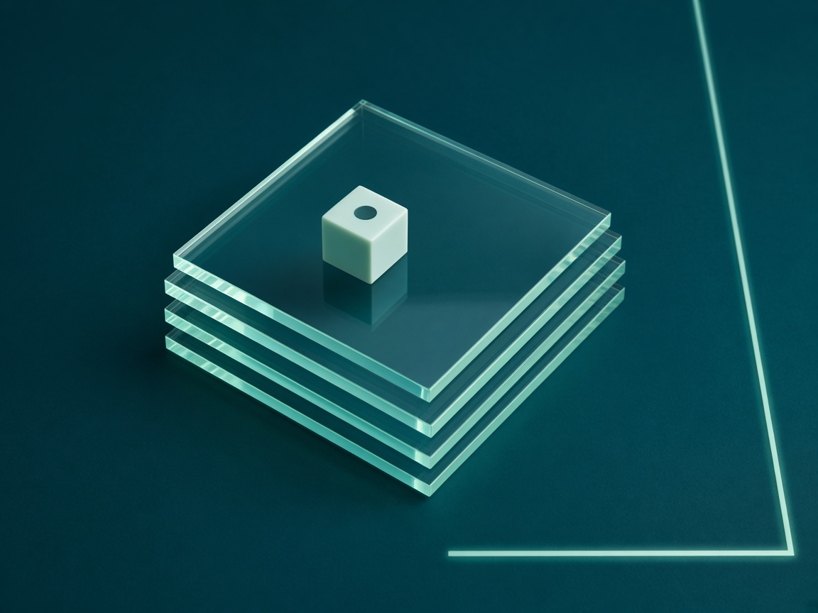 Abstract acrylic cards and dice forms on a deep teal surface