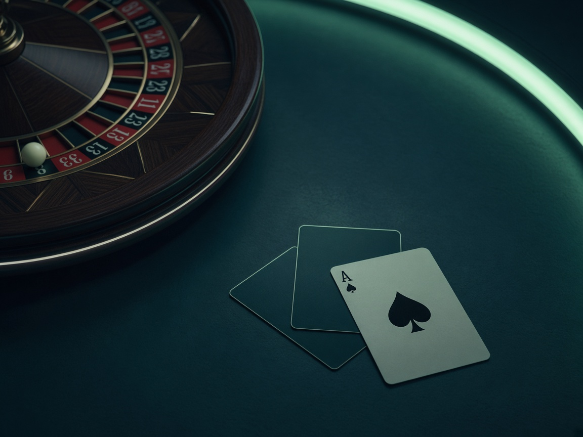 Roulette wheel and cards on a deep teal surface with mint rim light